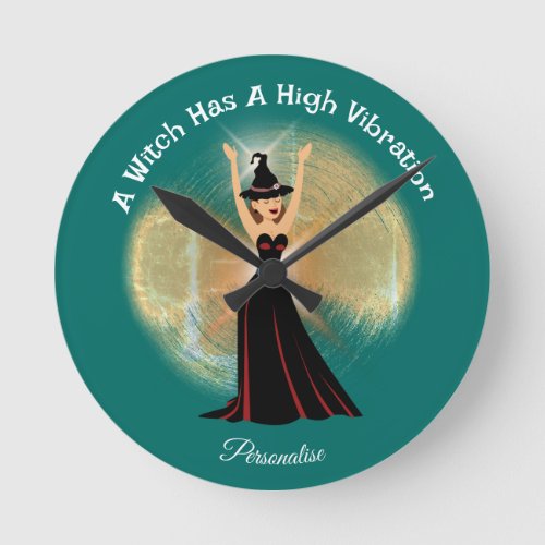 Teal Green High Vibration Witch Pretty Sparkly  Round Clock