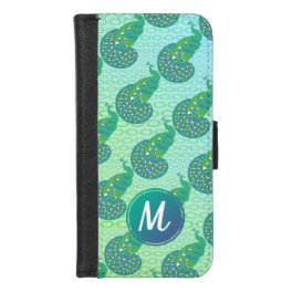 Teal Green iridescent Peacock Pattern Monogram iPhone 8/7 Wallet Case