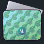 Teal Green iridescent Peacock Pattern Monogram Laptop Sleeve<br><div class="desc">Cute peacock pattern on green and aquamarine two tone colored background with elegant monogram.</div>