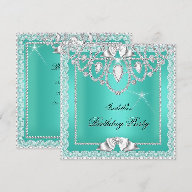 Teal Green Lace Elegant Diamonds Birthday Party Invitation (Front/Back)