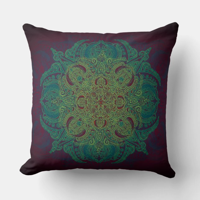 Teal & Green Lacey Mandala Over Burgundy Throw Pillow (Front)
