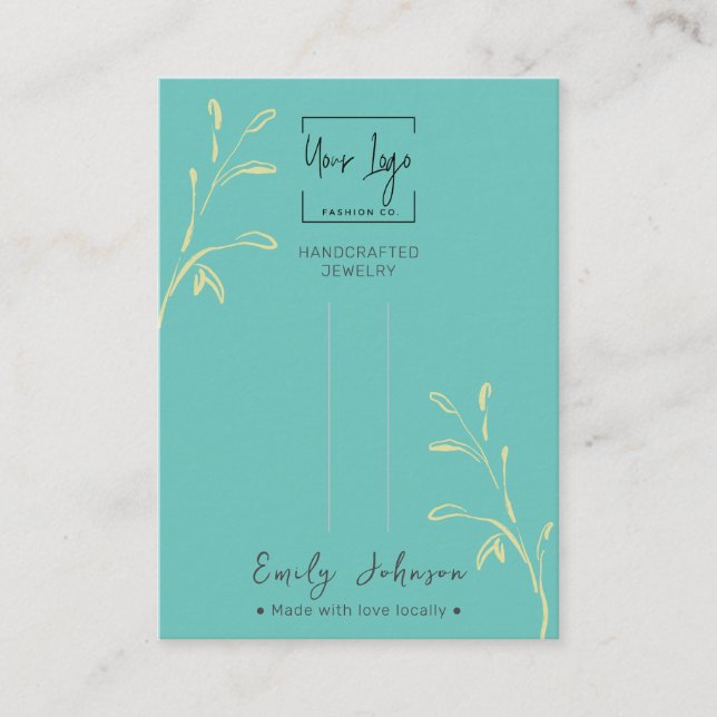 Teal Green Leaf QR Jewelry Hair Clip Display Card (Front)