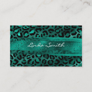 Teal Green Leopard and Brush Stroke Foil Business Card