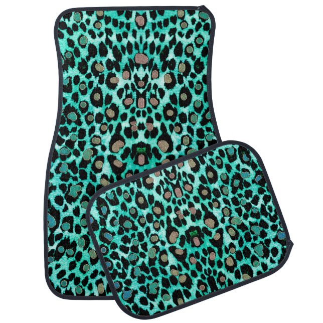 Teal Green Leopard Animal Print Car Mats (Set)