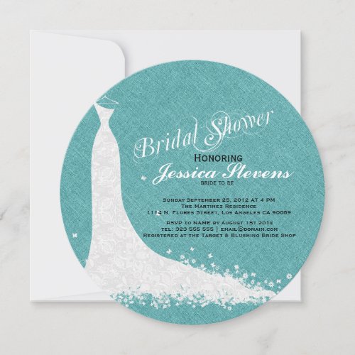 Teal_Green Linen And White Lace Wedding Dress Invitation