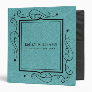 Teal Green Linen Texture Black Vintage Frame 3 Ring Binder