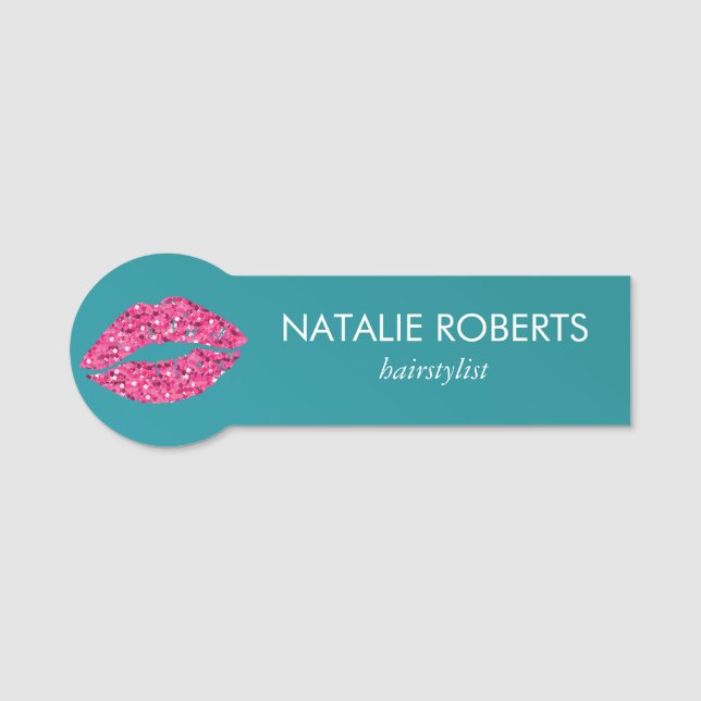 Teal Green Lips Beauty Salon Name Tag (Front)