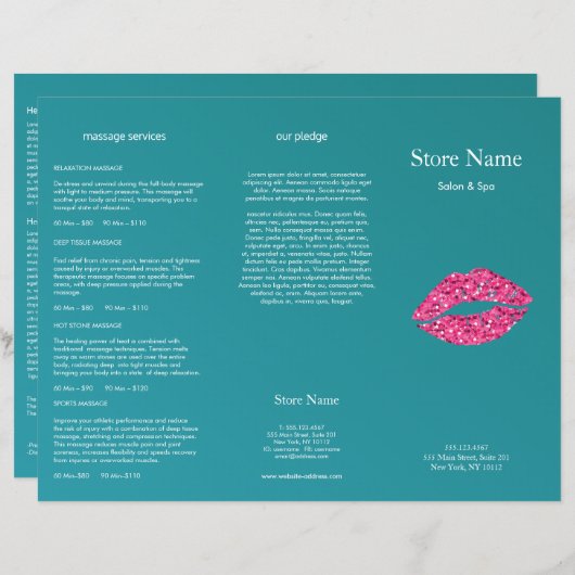 Teal Green Lips Beauty Salon Trifold Bruchure (Front/Back)