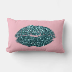 Teal Green Lips Glitter Pastel Pink Beauty Kiss Lumbar Pillow