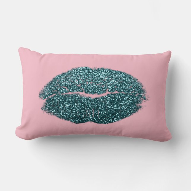 Teal Green Lips Glitter Pastel Pink Beauty Kiss Lumbar Pillow (Front)