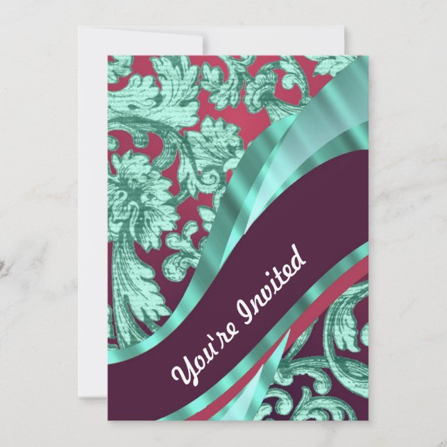 Teal green & magenta damask invitation (Front)