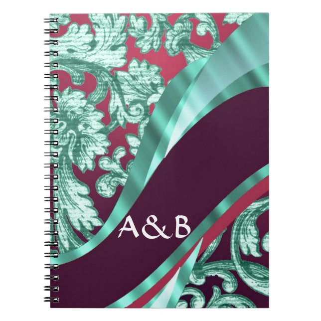 Teal green & magenta damask notebook (Front)