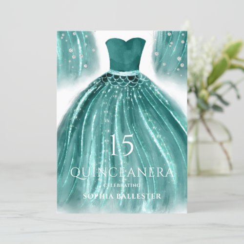 Teal Green Mermaid Dress Quinceanera Party Invitation