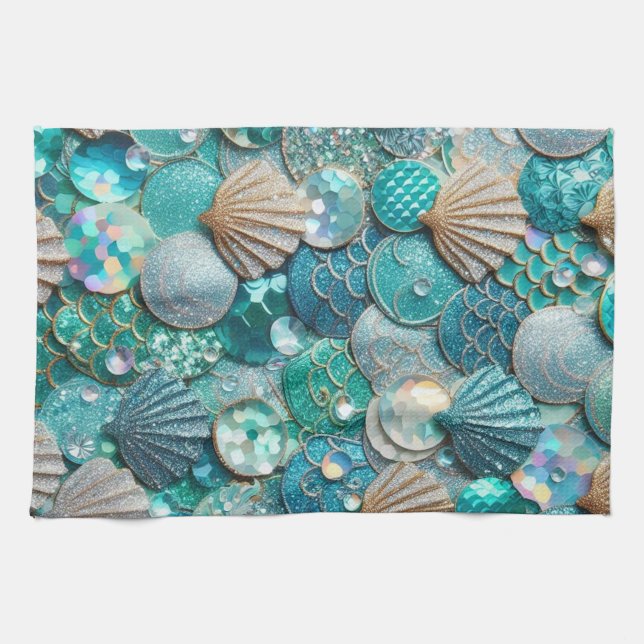 Teal Green Mermaid Print With Seashells Kitchen Towel (Horizontal)