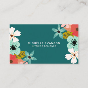 Teal Green Modern Floral Colorful Flower Shop Business Card