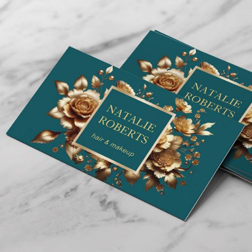 Teal Green Modern Gold Floral Beauty Salon  SPA Business Card