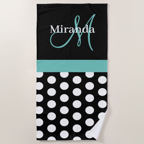 Teal Green Monogram Black White Polka Dot Beach Towel