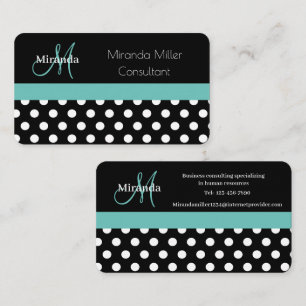 Teal Green Monogram Black White Polka Dot Business Card