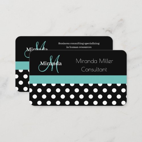 Teal Green Monogram Black White Polka Dot Business Card