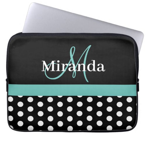 Teal Green Monogram Black White Polka Dot Laptop Sleeve