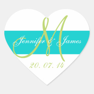 Teal, Green Monogrammed Wedding Heart Sticker