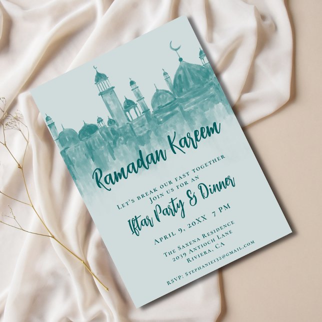 Teal Green Mosque Ramadan Iftar Dinner Party Invitation (Creator Uploaded)