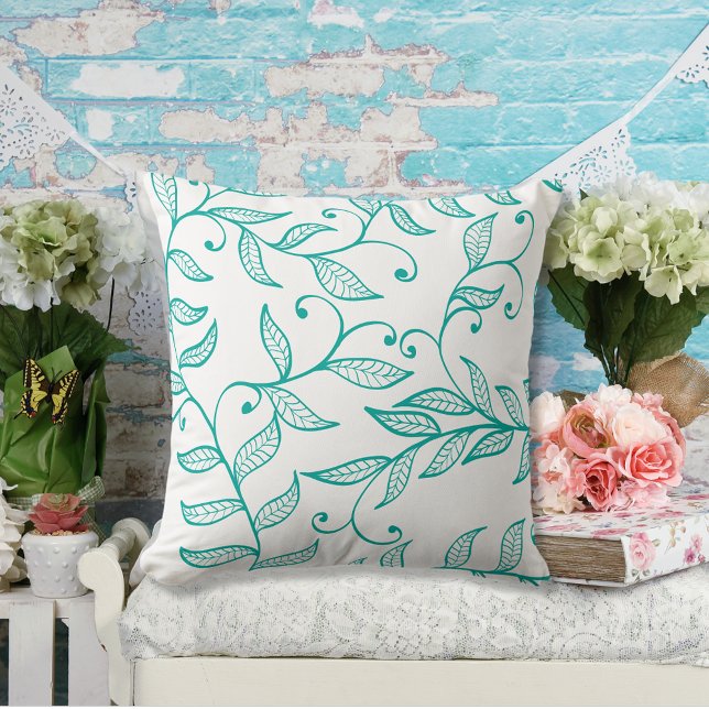 Teal Green Natural Vine Decorative Line Art Throw Pillow (Creator Uploaded)
