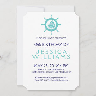 Teal-Green Nautical Boat Wheel Birthday Party Invitation