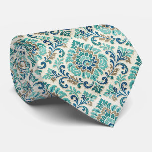 Teal Green Navy Blue Damask Botanical Floral Motif Neck Tie