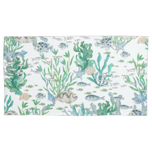 Teal Green Ocean Seashells Starfish Fish Coral Pillow Case
