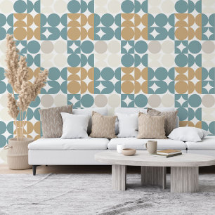 Teal Green Ochre Brown Beige Taupe Circles Pattern Wallpaper
