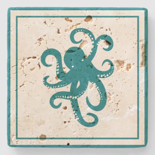 Teal_Green Octopus White Background Stone Coaster