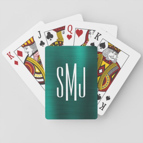 Teal Green Ombre Foil Three Letter Monogram Playing Cards