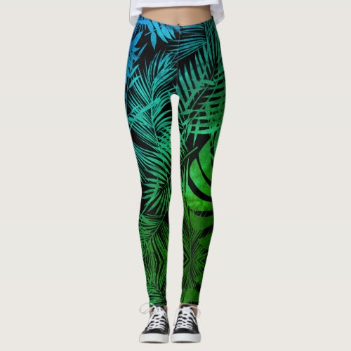 Teal green ombre tropical palm leaf patten modern leggings