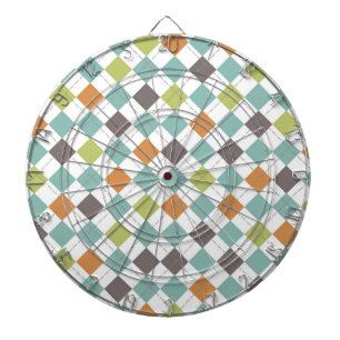 Teal Green Orange Taupe Classic Argyle Pattern Dartboard With Darts