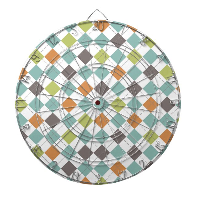 Teal Green Orange Taupe Classic Argyle Pattern Dartboard With Darts (Front)
