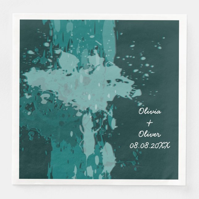Teal-Green Paint Splatter Paper Dinner Napkins (Front)
