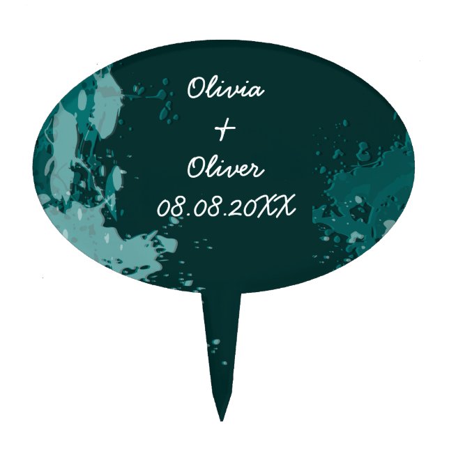 Teal-Green Paint Splatter - Wedding Party Supply - Cake Topper (Front)