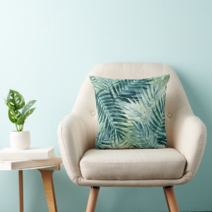 Teal Green Palm Leaves Throw Pillow