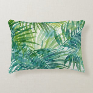 Teal Green Palm Leaves Tropical Watercolor Art Accent Pillow