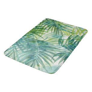 Teal Green Palm Leaves Tropical Watercolor Art Bath Mat