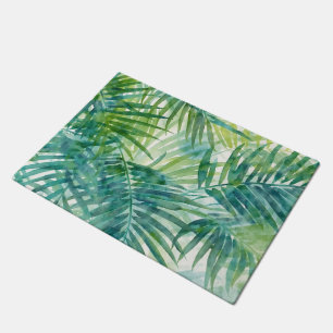 Teal Green Palm Leaves Tropical Watercolor Art Doormat