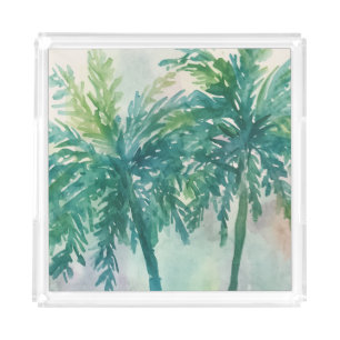 Teal Green Palm Trees Tropical Watercolor Art Acrylic Tray