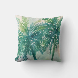 Teal Green Palm Trees Tropical Watercolor Art Throw Pillow