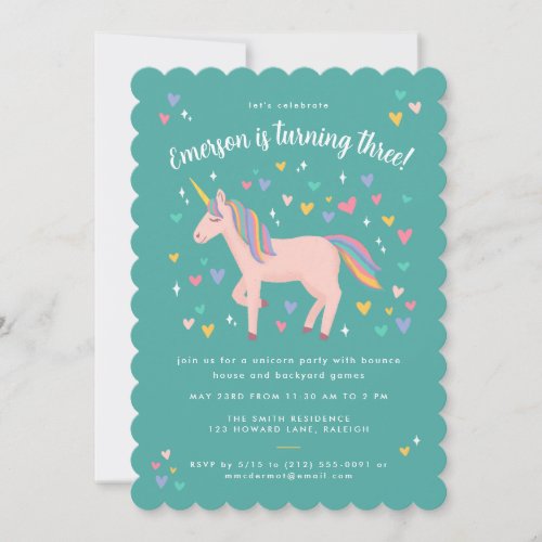 Teal Green Pastel Rainbow Unicorn Birthday Party Invitation