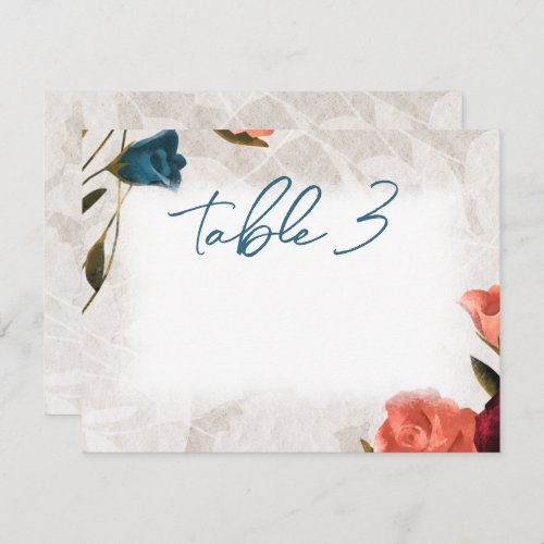 Teal Green Peach Roses Wedding Table Number Card