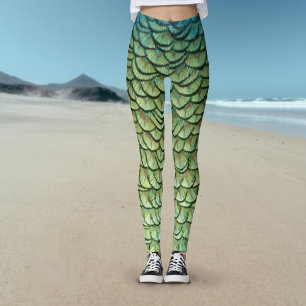 Teal Green Peacock Feather Mermaid Scales Leggings