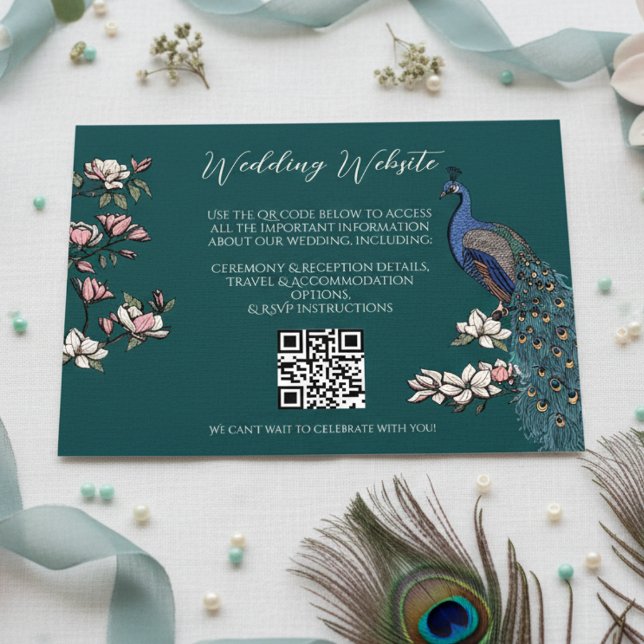 Teal Green Peacock Garden Website QR Code Enclosure Card (Wedding Website Teal Enclosure Card. Hand Drawn Blue Peacock on Magnolia Tree Branches in Bloom. )