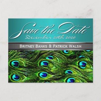 Teal & Green Peacock Wedding Save The Dates Announcement Postcard by natureprints at Zazzle