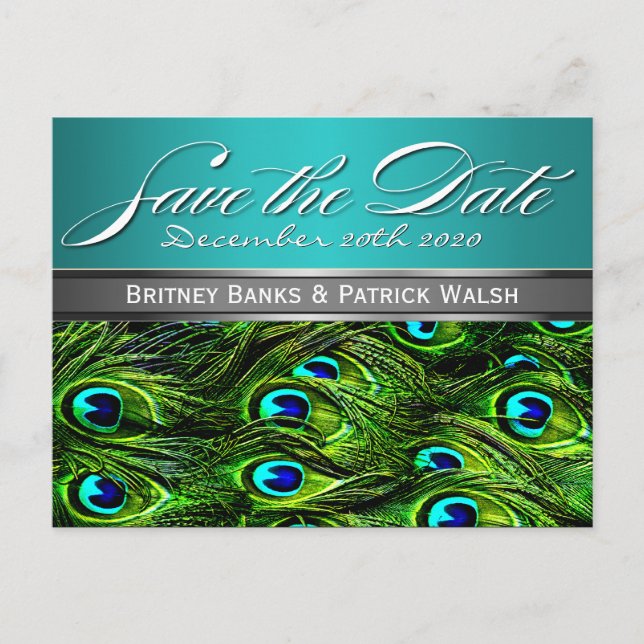 Teal & Green Peacock Wedding Save the Dates Announcement Postcard (Front)